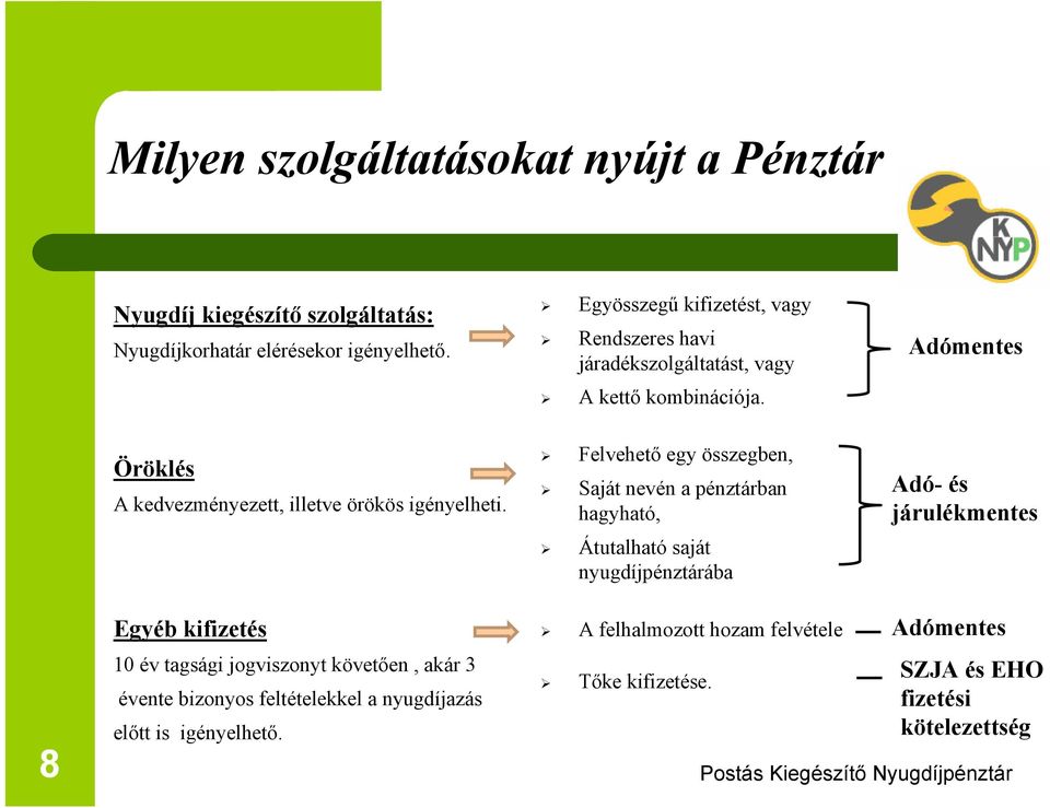 Felvehető egy összegben, Saját nevén a pénztárban hagyható, Átutalható saját nyugdíjpénztárába Adómentes Adó- és járulékmentes 8 Egyéb kifizetés 10 év