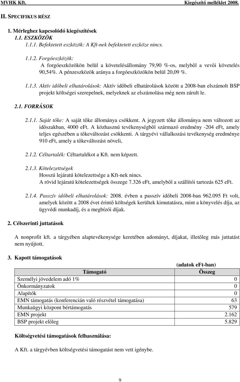 Aktív idıbeli elhatárolások: Aktív idıbeli elhatárolások között a 2008-ban elszámolt BSP projekt költségei szerepelnek, melyeknek az elszámolása még nem zárult le. 2.1.