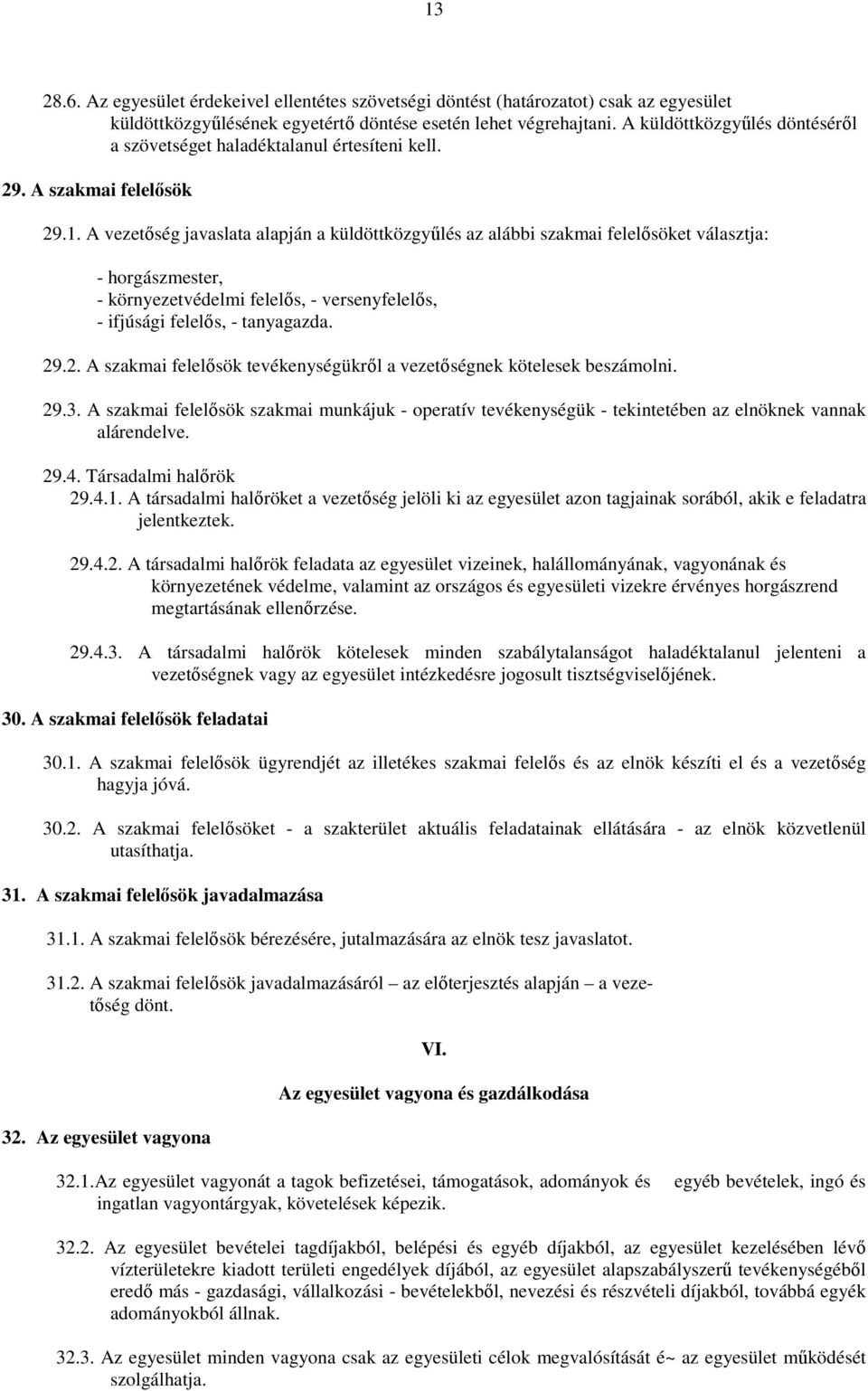 A vezetőség javaslata alapján a küldöttközgyűlés az alábbi szakmai felelősöket választja: - horgászmester, - környezetvédelmi felelős, - versenyfelelős, - ifjúsági felelős, - tanyagazda. 29
