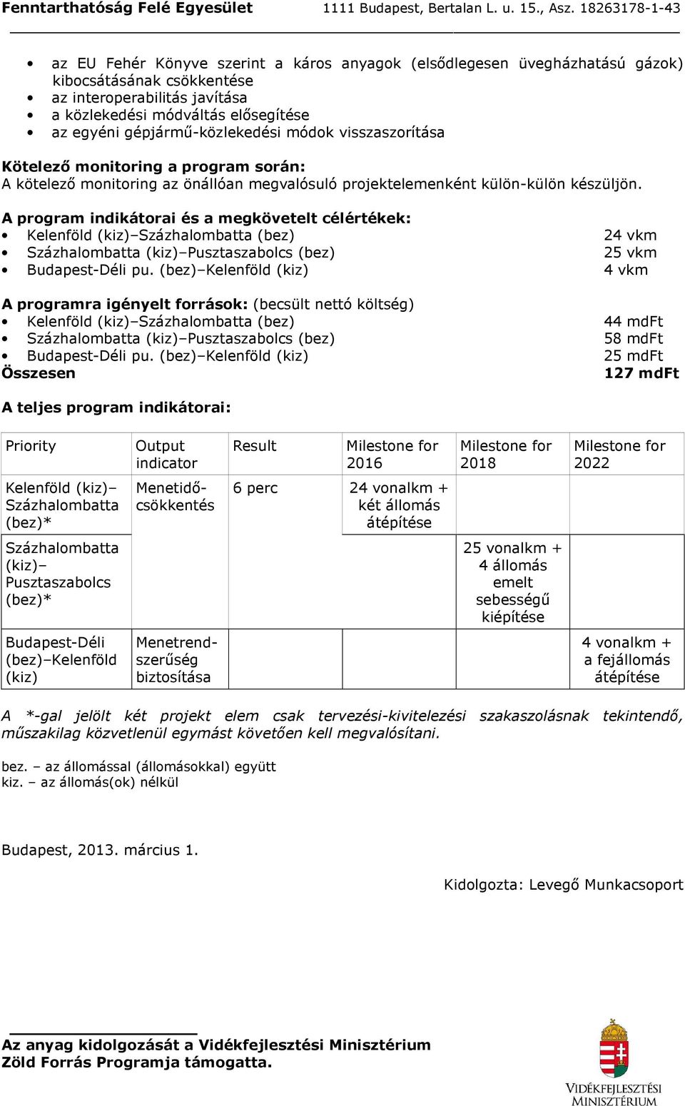 A progrm indikátori és megkövetelt célértékek: Kelenföld (kiz) Százhlombtt (bez) 24 vkm Százhlombtt (kiz) Pusztszbolcs (bez) 25 vkm Budpest-Déli pu.