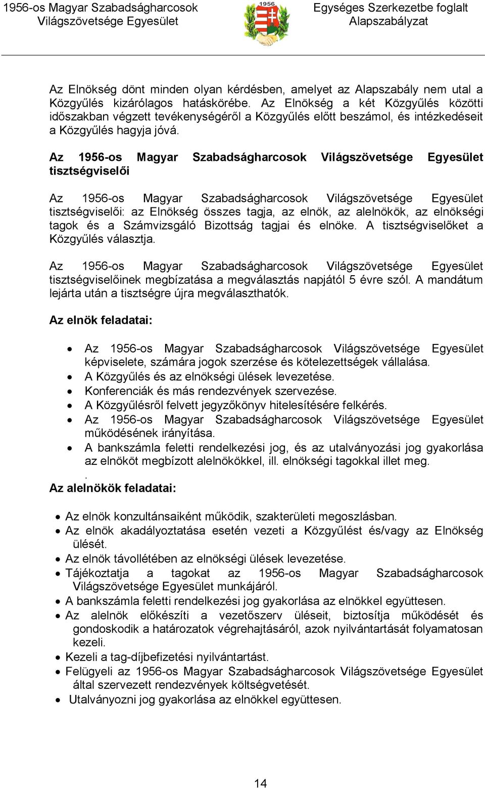 Az 1956-os Magyar Szabadságharcosok tisztségviselői Az 1956-os Magyar Szabadságharcosok tisztségviselői: az Elnökség összes tagja, az elnök, az alelnökök, az elnökségi tagok és a Számvizsgáló