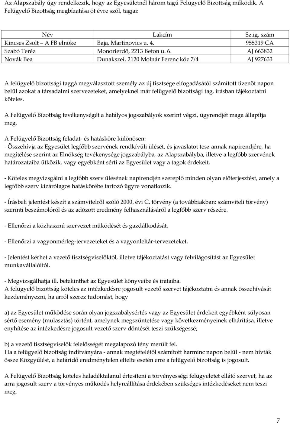 AJ 663832 Novák Bea Dunakszei, 2120 Molnár Ferenc köz 7/4 AJ 927633 A felügyelő bizottsági taggá megválasztott személy az új tisztsége elfogadásától számított tizenöt napon belül azokat a társadalmi