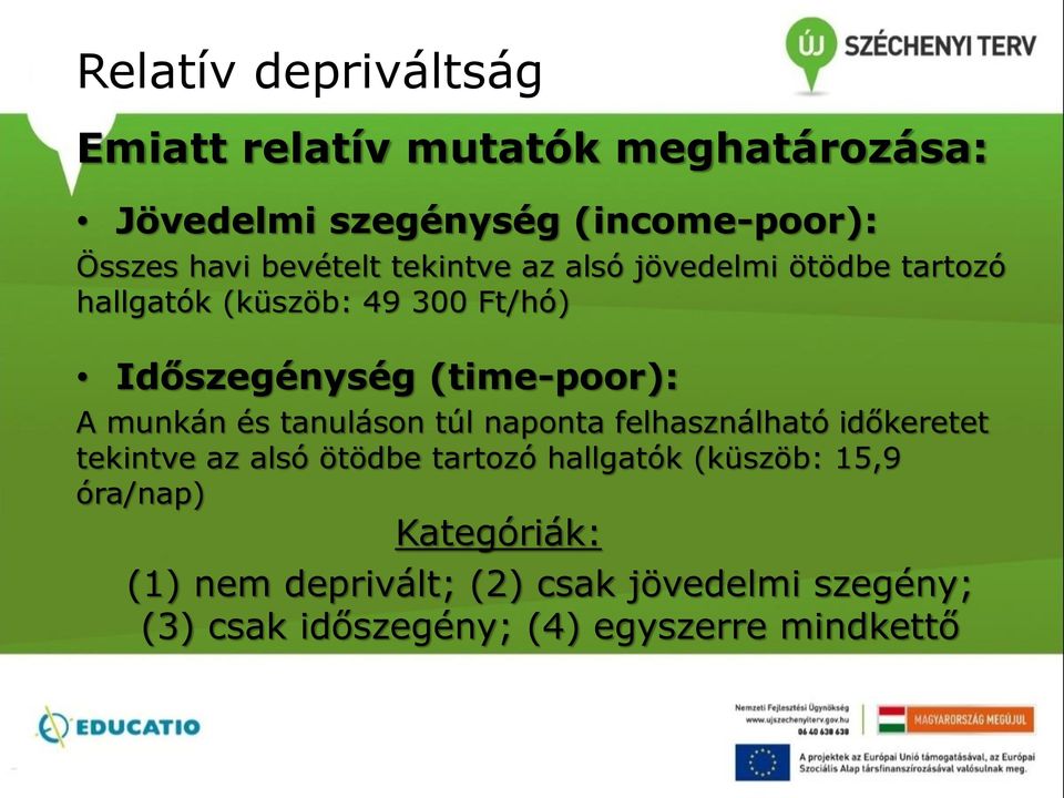 A munkán és tanuláson túl naponta felhasználható időkeretet tekintve az alsó ötödbe tartozó hallgatók (küszöb: