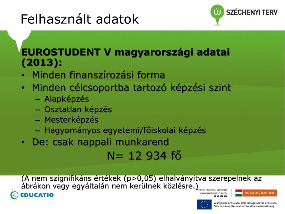 Hagyományos egyetemi/főiskolai képzés De: csak nappali munkarend N= 12 934 fő (A nem