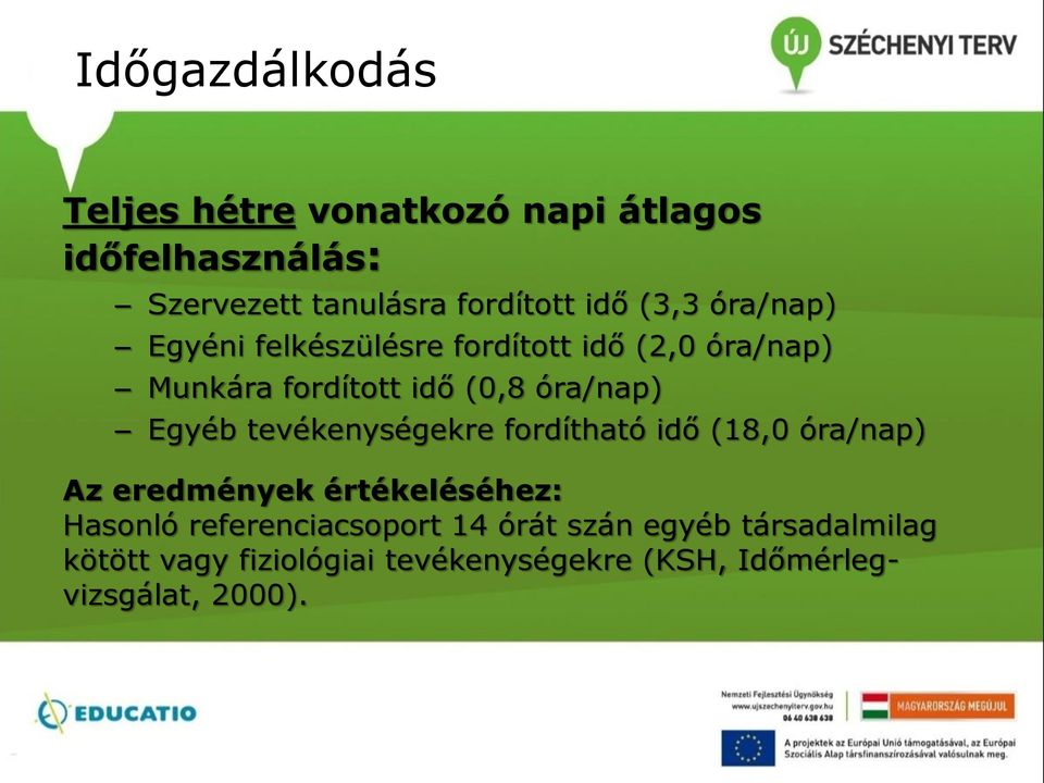 Egyéb tevékenységekre fordítható idő (18,0 óra/nap) Az eredmények értékeléséhez: Hasonló