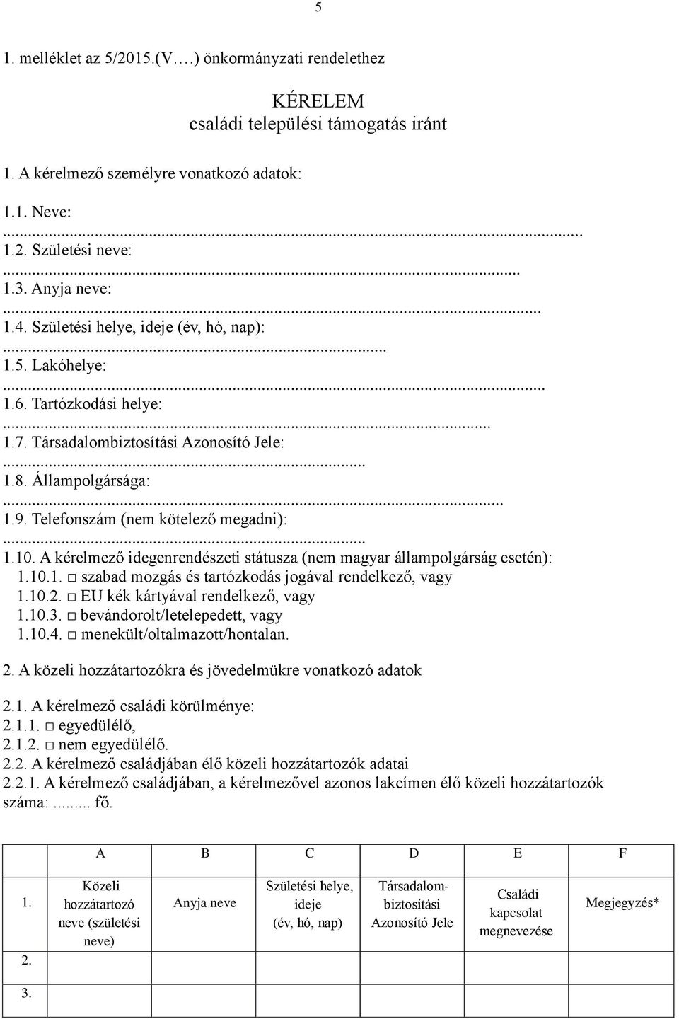 .. 1.10. A kérelmező idegenrendészeti státusza (nem magyar állampolgárság esetén): 1.10.1. szabad mozgás és tartózkodás jogával rendelkező, vagy 1.10.2. EU kék kártyával rendelkező, vagy 1.10.3.