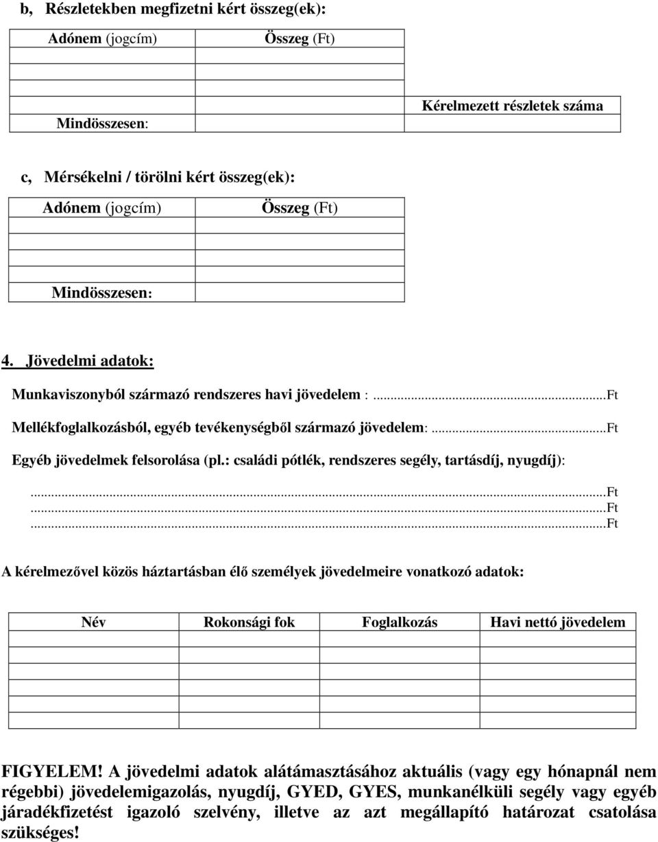 A jövedelmi adatok alátámasztásához aktuális (vagy egy hónapnál nem régebbi) jövedelemigazolás, nyugdíj, GYED, GYES, munkanélküli segély vagy egyéb járadékfizetést igazoló szelvény,