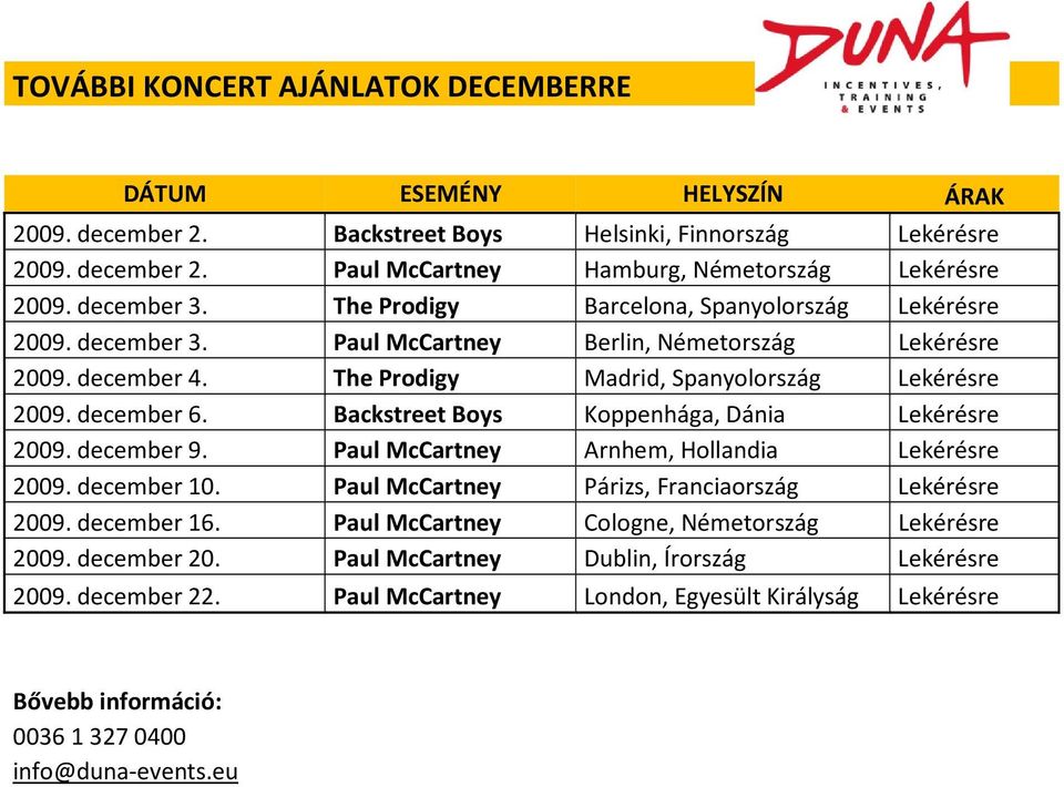 december 6. Backstreet Boys Koppenhága, Dánia Lekérésre 2009. december 9. Paul McCartney Arnhem, Hollandia Lekérésre 2009. december 10.