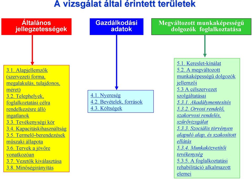 Termelő-berendezések műszaki állapota 3.6. Tervek a jövőre vonatkozóan 3.7. Vezetők kiválasztása 3.8. Minőségirányítás 4.1. Nyereség 4.2. Bevételek, források 4.3. Költségek 5.1. Kereslet-kínálat 5.2. A megváltozott munkaképességű dolgozók jellemzői 5.