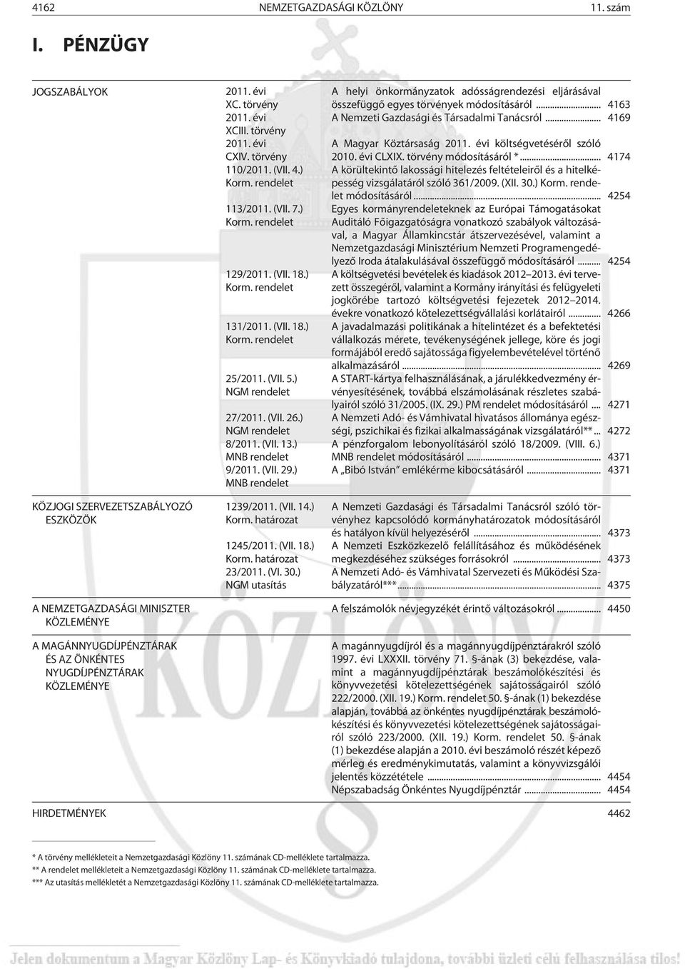 évi XCIII. törvény 2011. évi CXIV. törvény 110/2011. (VII. 4.) Korm. rendelet 113/2011. (VII. 7.) Korm. rendelet 129/2011. (VII. 18.) Korm. rendelet 131/2011. (VII. 18.) Korm. rendelet 25/2011. (VII. 5.