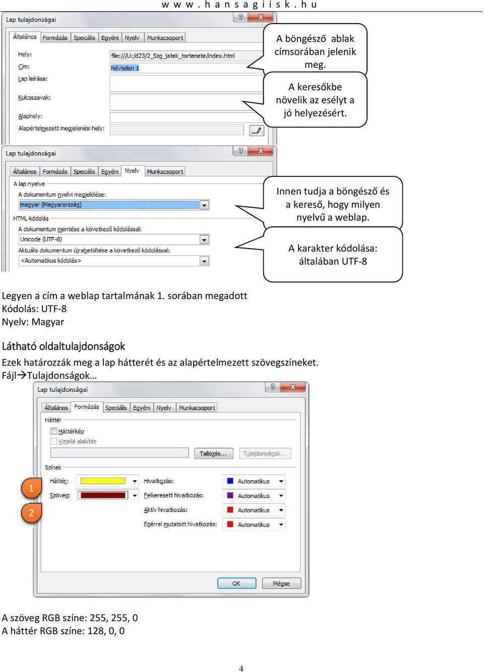 A karakter kódolása: általában UTF-8 Legyen a cím a weblap tartalmának.