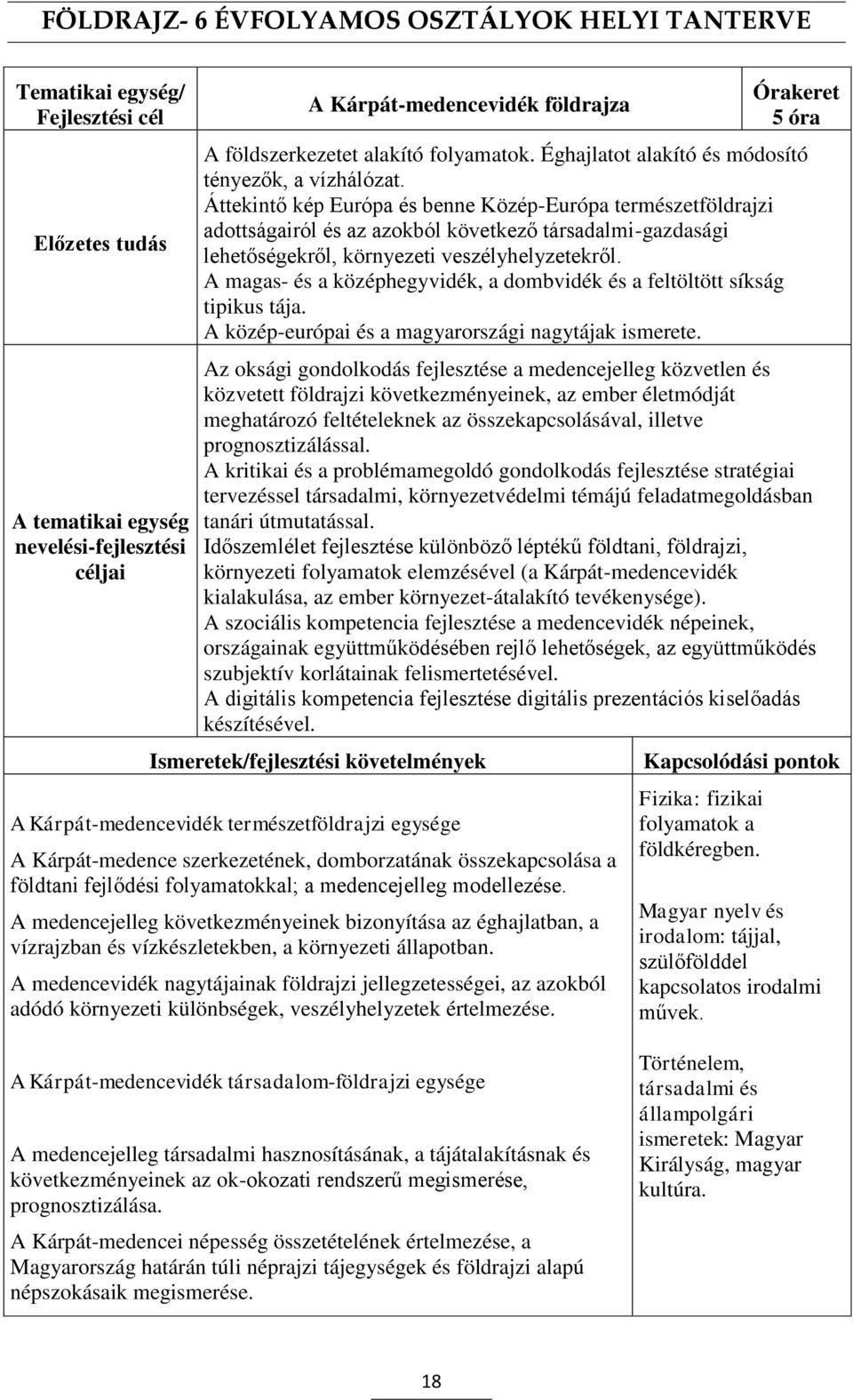 A magas- és a középhegyvidék, a dombvidék és a feltöltött síkság tipikus tája. A közép-európai és a magyarországi nagytájak ismerete.