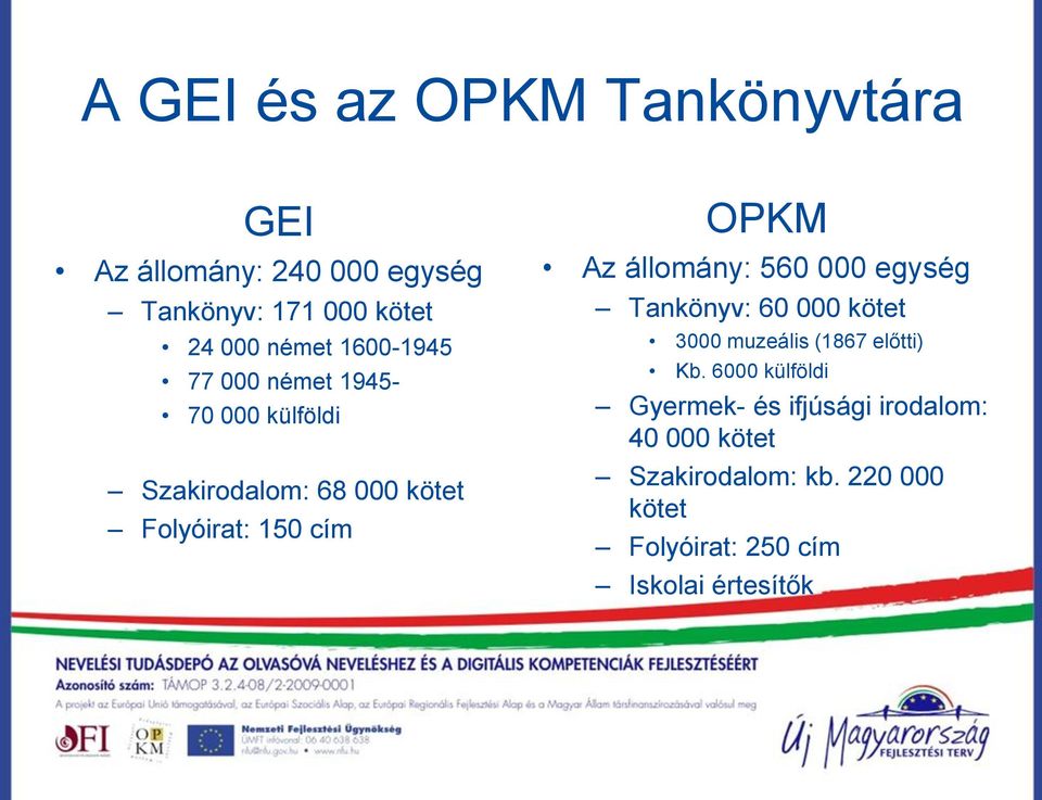 állomány: 560 000 egység Tankönyv: 60 000 kötet 3000 muzeális (1867 előtti) Kb.