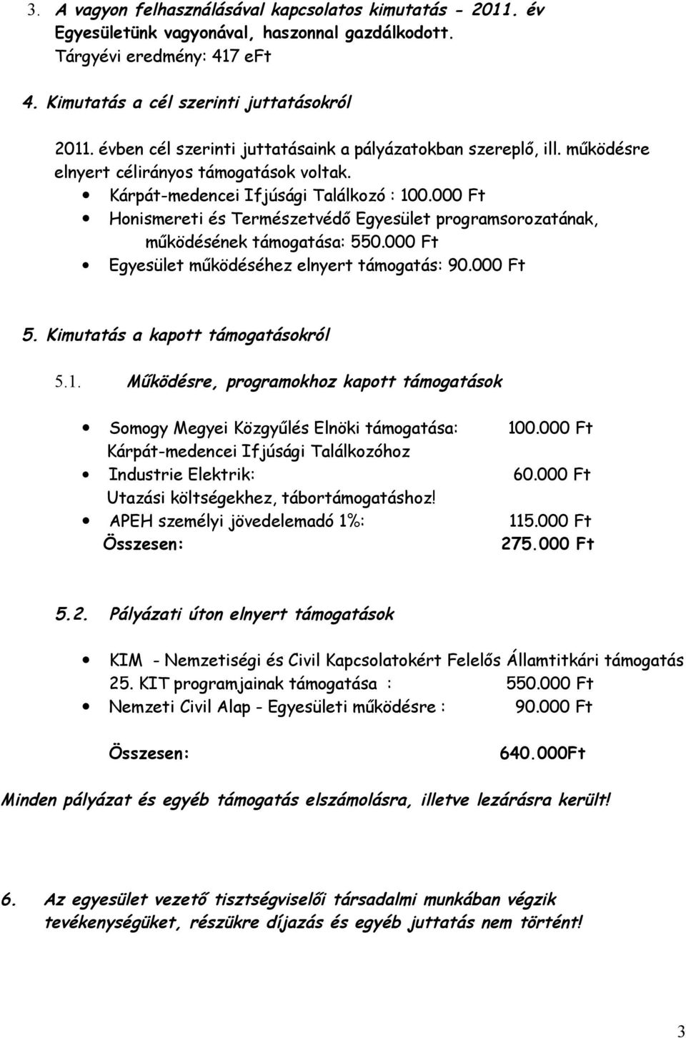 000 Ft Honismereti és Természetvédő Egyesület programsorozatának, működésének támogatása: 550.000 Ft Egyesület működéséhez elnyert támogatás: 90.000 Ft 5. Kimutatás a kapott támogatásokról 5.1.