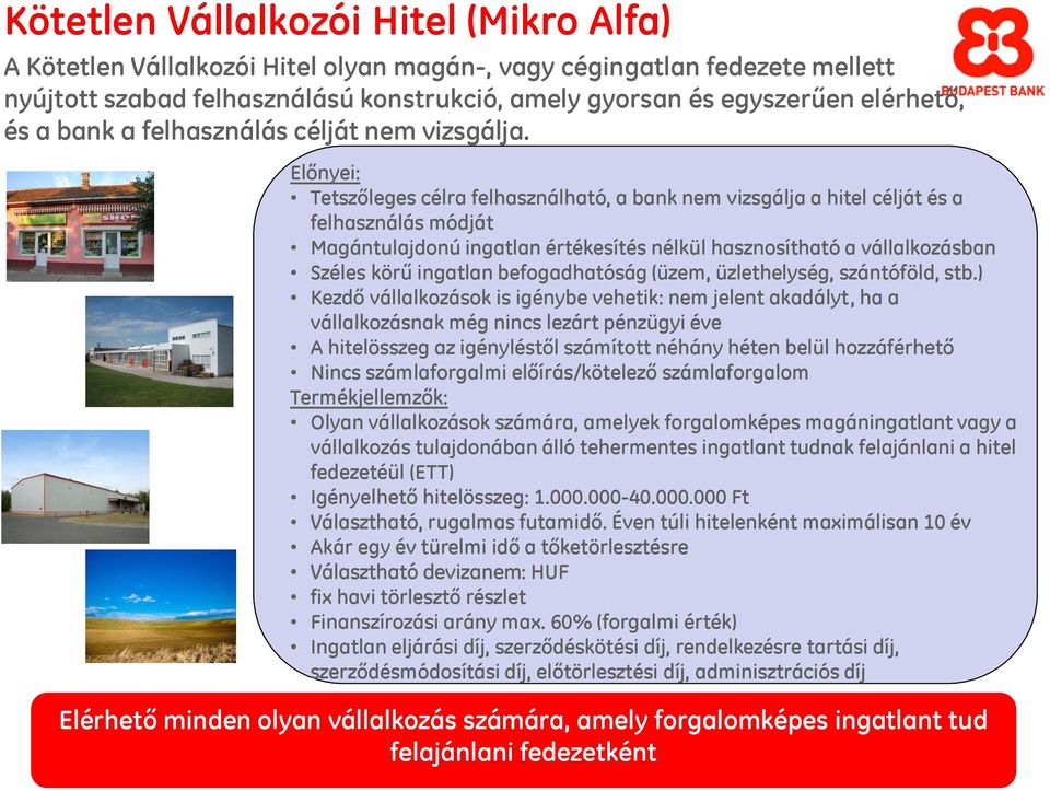 Előnyei: Tetszőleges célra felhasználható, a bank nem vizsgálja a hitel célját és a felhasználás módját Magántulajdonú ingatlan értékesítés nélkül hasznosítható a vállalkozásban Széles körű ingatlan