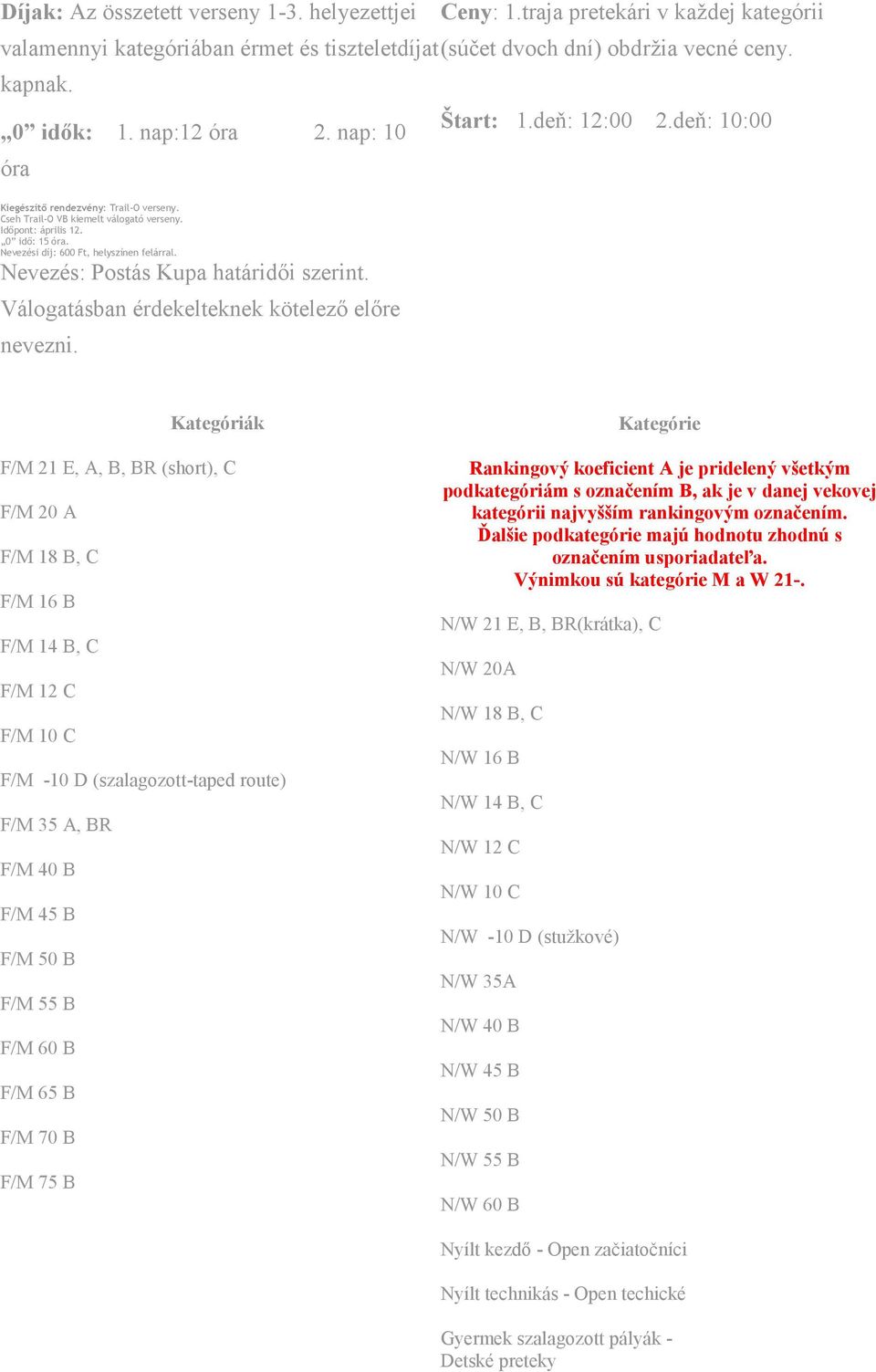 Nevezés: Postás Kupa határid:i szerint. Válogatásban érdekelteknek kötelez: el:re nevezni. Štart: 1.deT: 12:00 2.