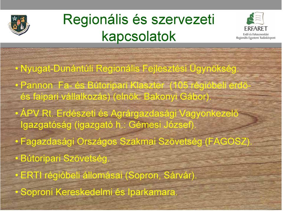 Erdészeti és Agrárgazdasági Vagyonkezelő Igazgatóság (igazgató h.: Gémesi József).