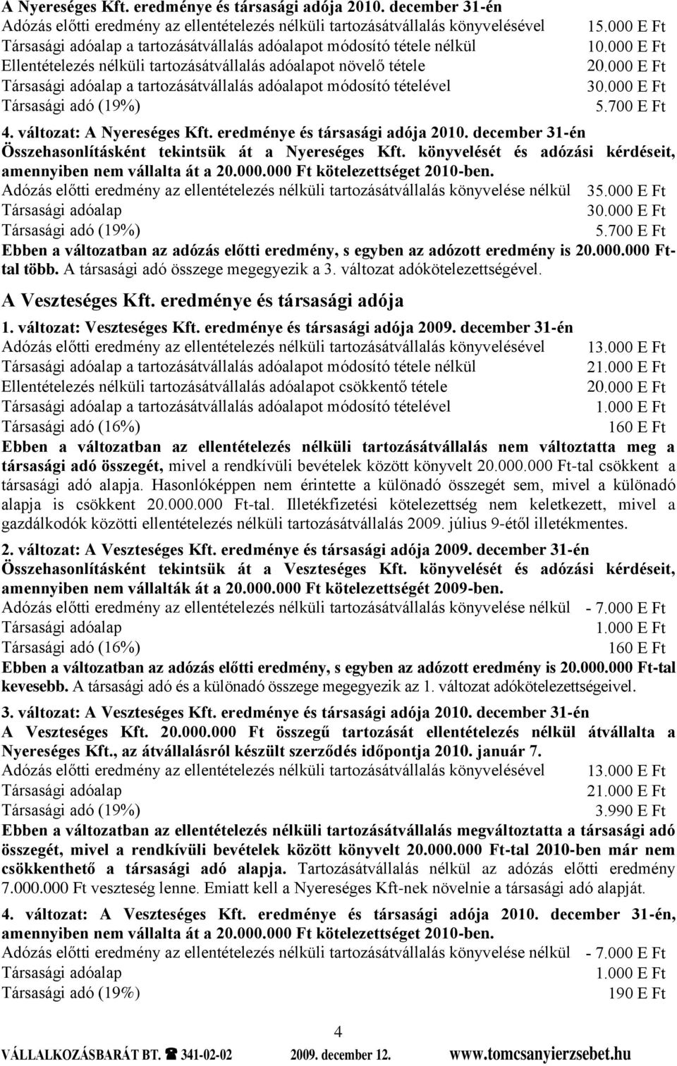 adóalapot növelő tétele a tartozásátvállalás adóalapot módosító tételével 15.000 E Ft 10.000 E Ft 5.700 E Ft 4. változat:  december 31-én Összehasonlításként tekintsük át a Nyereséges Kft.