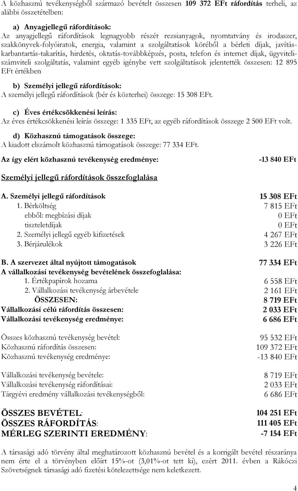 telefon és internet díjak, ügyviteliszámviteli szolgáltatás, valamint egyéb igénybe vett szolgáltatások jelentették összesen: 12 895 EFt értékben b) Személyi jellegű ráfordítások: A személyi jellegű