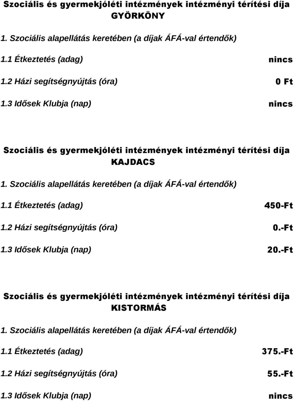 3 Idősek Klubja (nap) nincs Szociális és gyermekjóléti intézmények intézményi térítési díja KAJDACS 1.