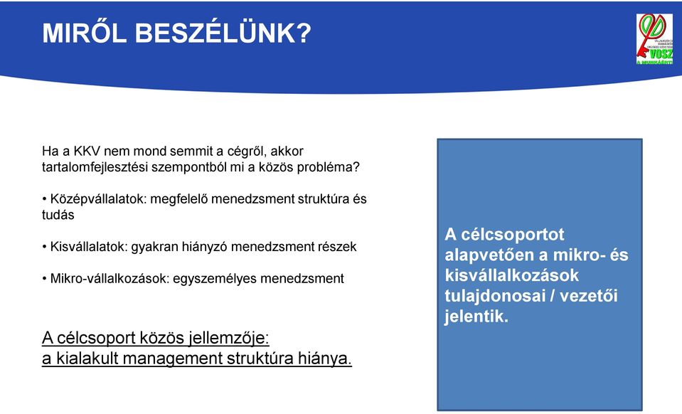 Középvállalatok: megfelelő menedzsment struktúra és tudás Kisvállalatok: gyakran hiányzó menedzsment