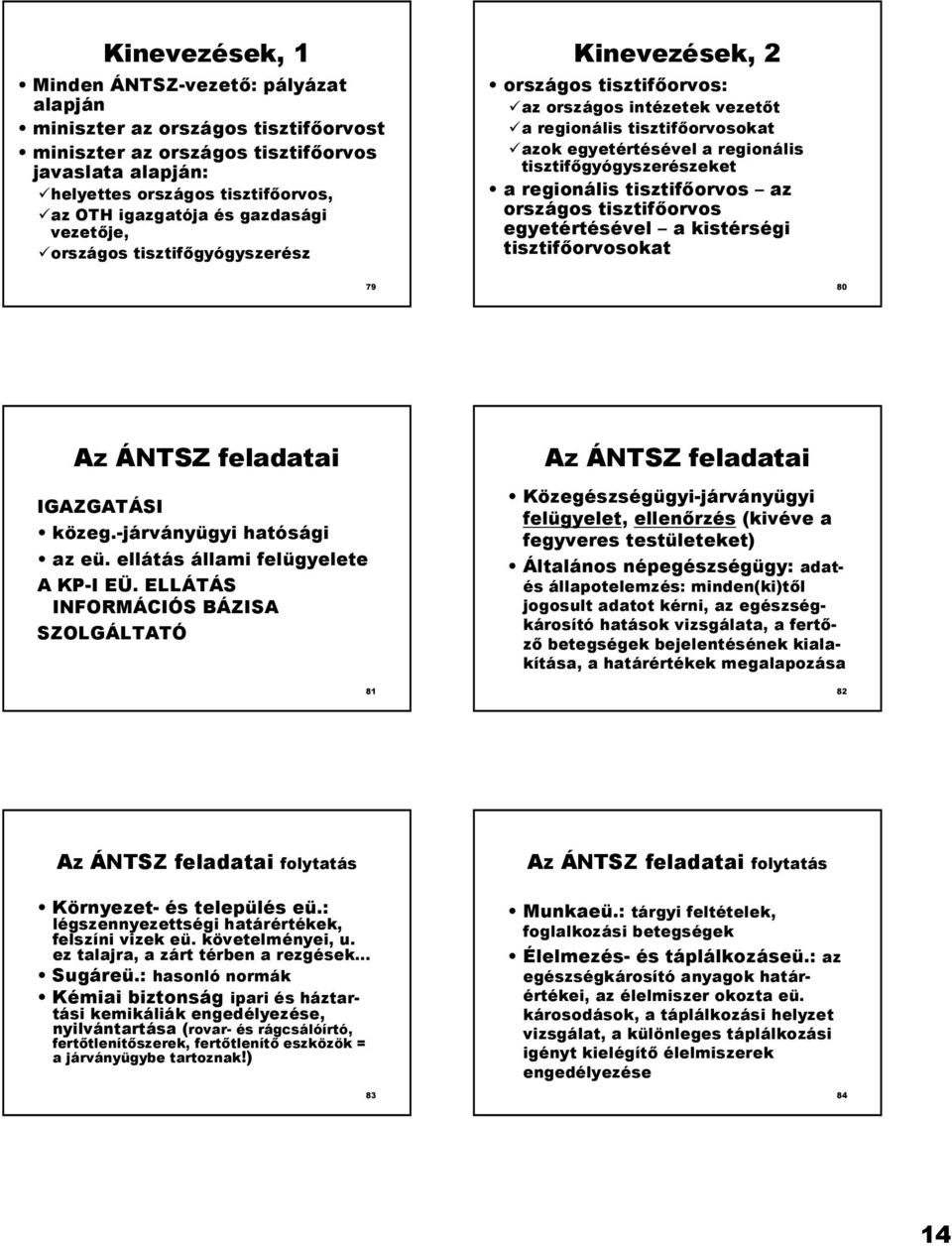 tisztif4gyógyszerészeket a regionális tisztif4orvos az országos tisztif4orvos egyetértésével a kistérségi tisztif4orvosokat 79 80 Az ÁNTSZ feladatai IGAZGATÁSI közeg.-járványügyi hatósági az eü.