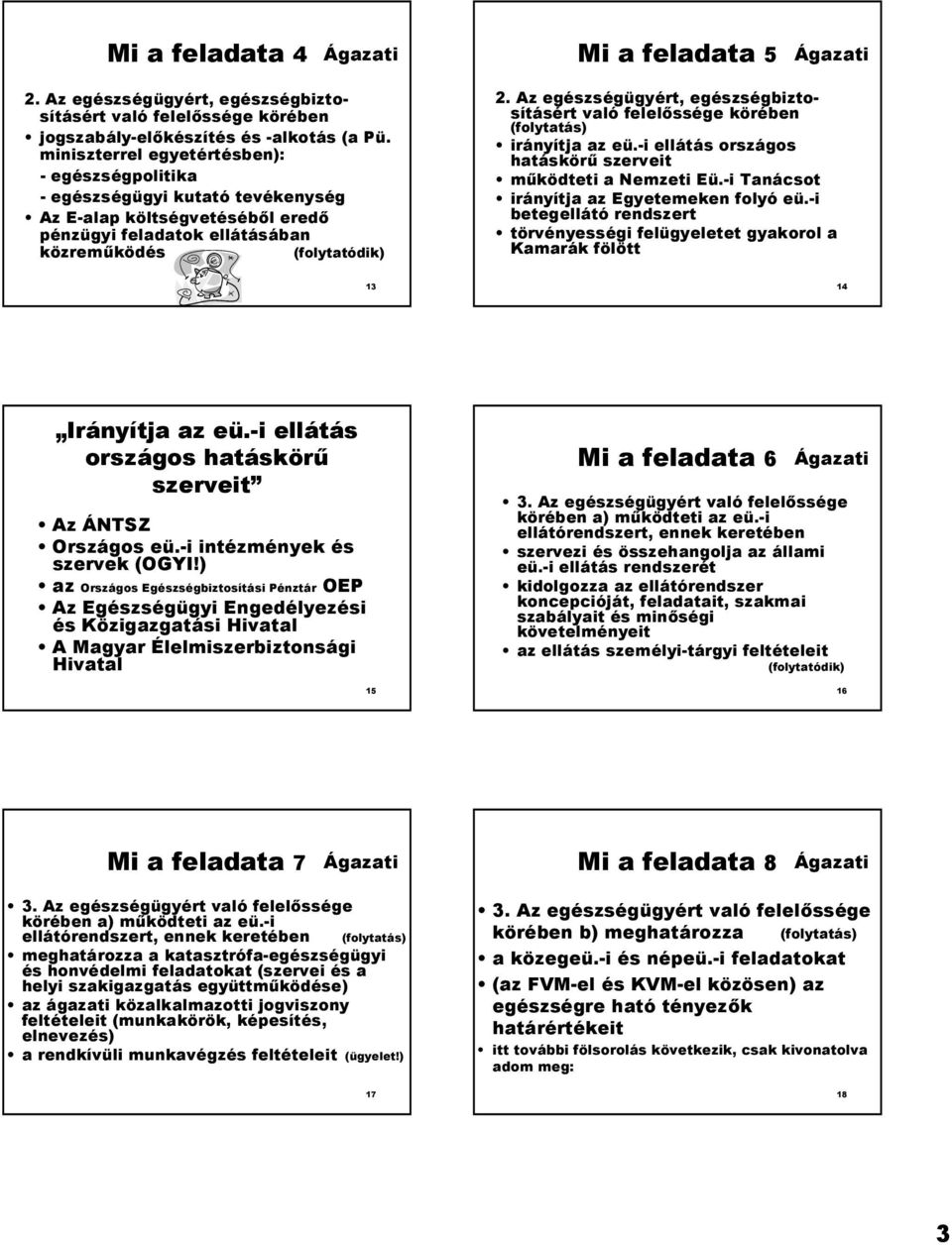 Az egészségügyért, egészségbiztosításért való felel4ssége körében (folytatás) irányítja az eü.-i ellátás országos hatáskör szerveit mködteti a Nemzeti Eü.-i Tanácsot irányítja az Egyetemeken folyó eü.