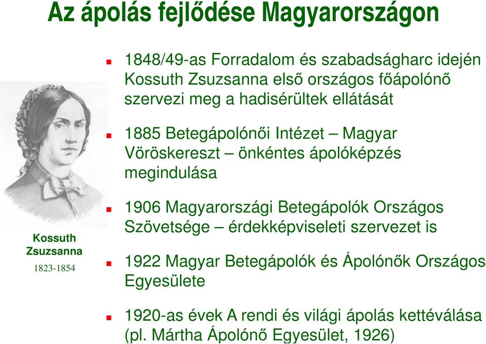 Kossuth Zsuzsanna 1823-1854 1906 Magyarországi Betegápolók Országos Szövetsége érdekképviseleti szervezet is 1922 Magyar
