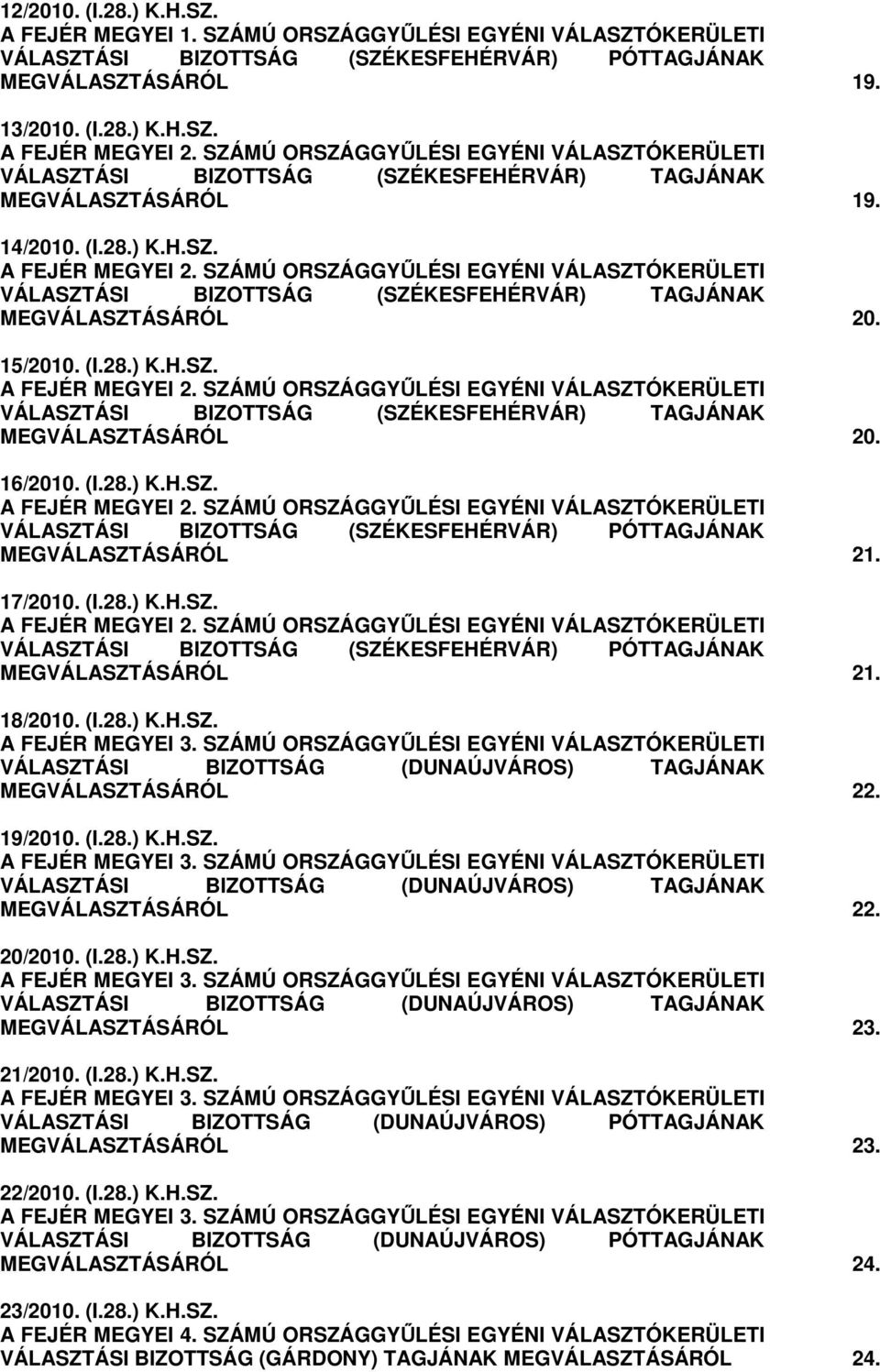 SZÁMÚ ORSZÁGGYŐLÉSI EGYÉNI VÁLASZTÓKERÜLETI VÁLASZTÁSI BIZOTTSÁG (SZÉKESFEHÉRVÁR) TAGJÁNAK MEGVÁLASZTÁSÁRÓL 20. 15/2010. (I.28.) K.H.SZ. A FEJÉR MEGYEI 2.