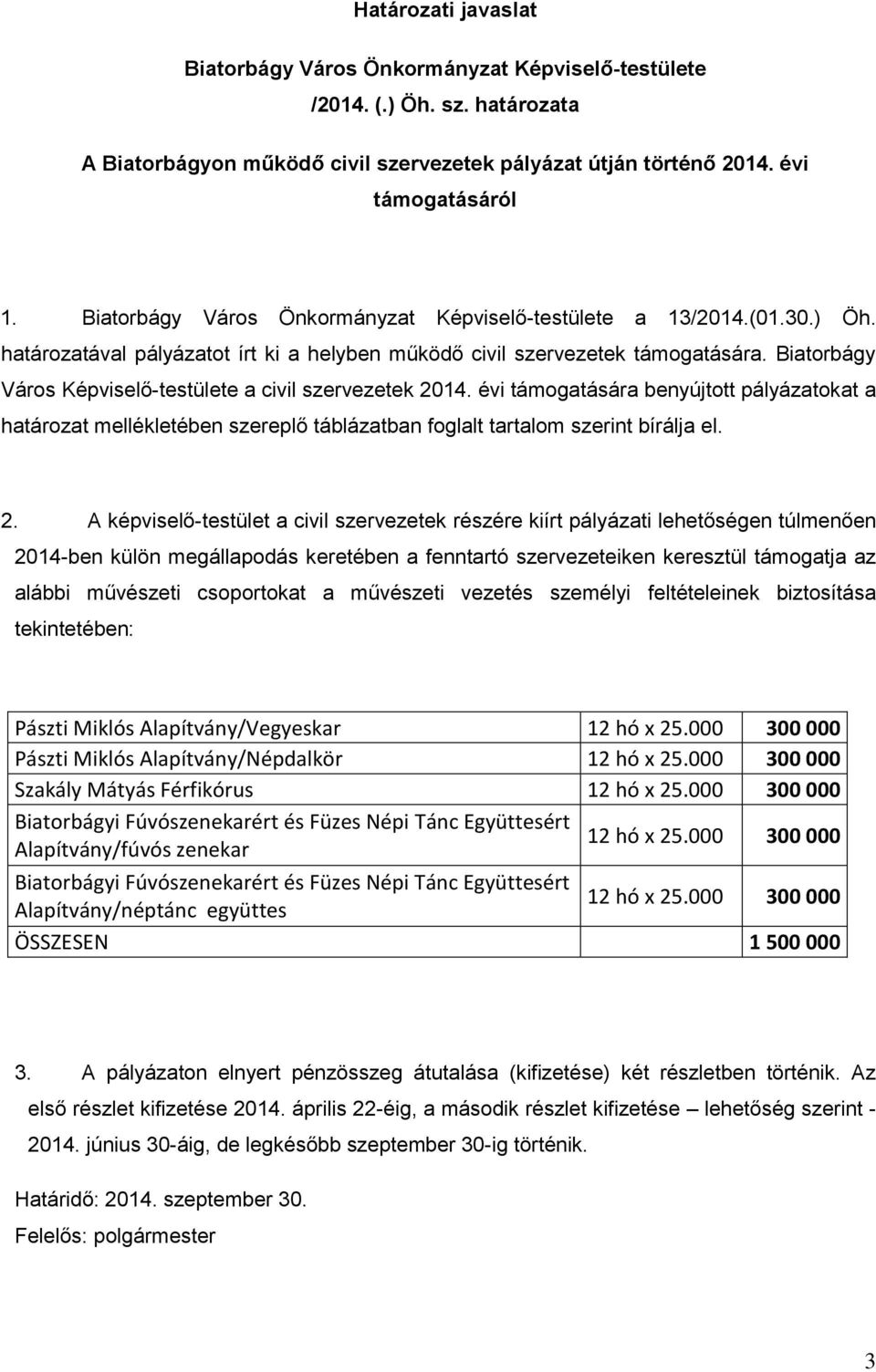 14. évi támogatására benyújtott pályázatokat a határozat mellékletében szereplő táblázatban foglalt tartalom szerint bírálja el. 2.