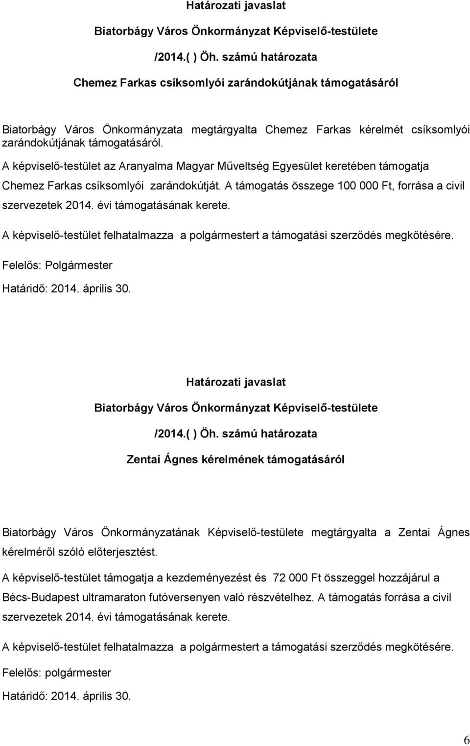 A képviselő-testület az Aranyalma Magyar Műveltség Egyesület keretében támogatja Chemez Farkas csíksomlyói zarándokútját. A támogatás összege 100 000 Ft, forrása a civil szervezetek 2014.