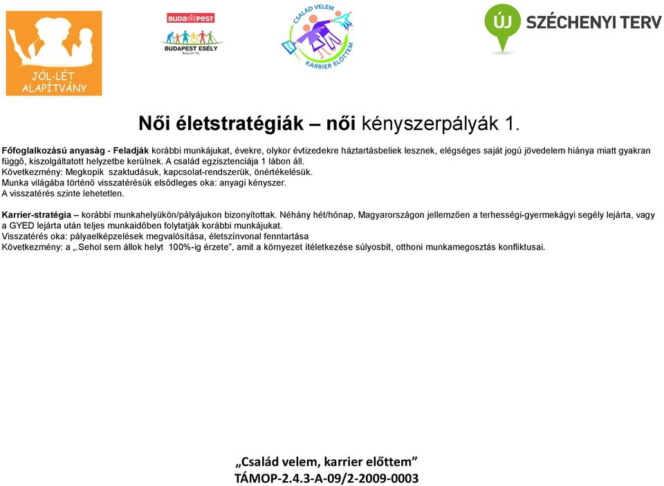 A család egzisztenciája 1 lábon áll. Következmény: Megkopik szaktudásuk, kapcsolat-rendszerük, önértékelésük. Munka világába történő visszatérésük elsődleges oka: anyagi kényszer.