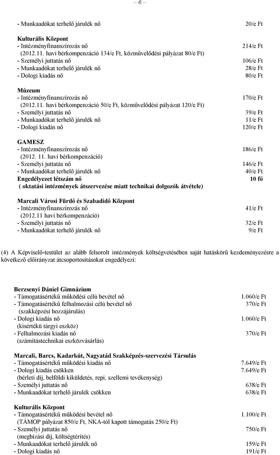 havi bérkompenzáció 50/e Ft, közművelődési pályázat 120/e Ft) 39/e Ft - Munkaadókat terhelő járulék nő 11/