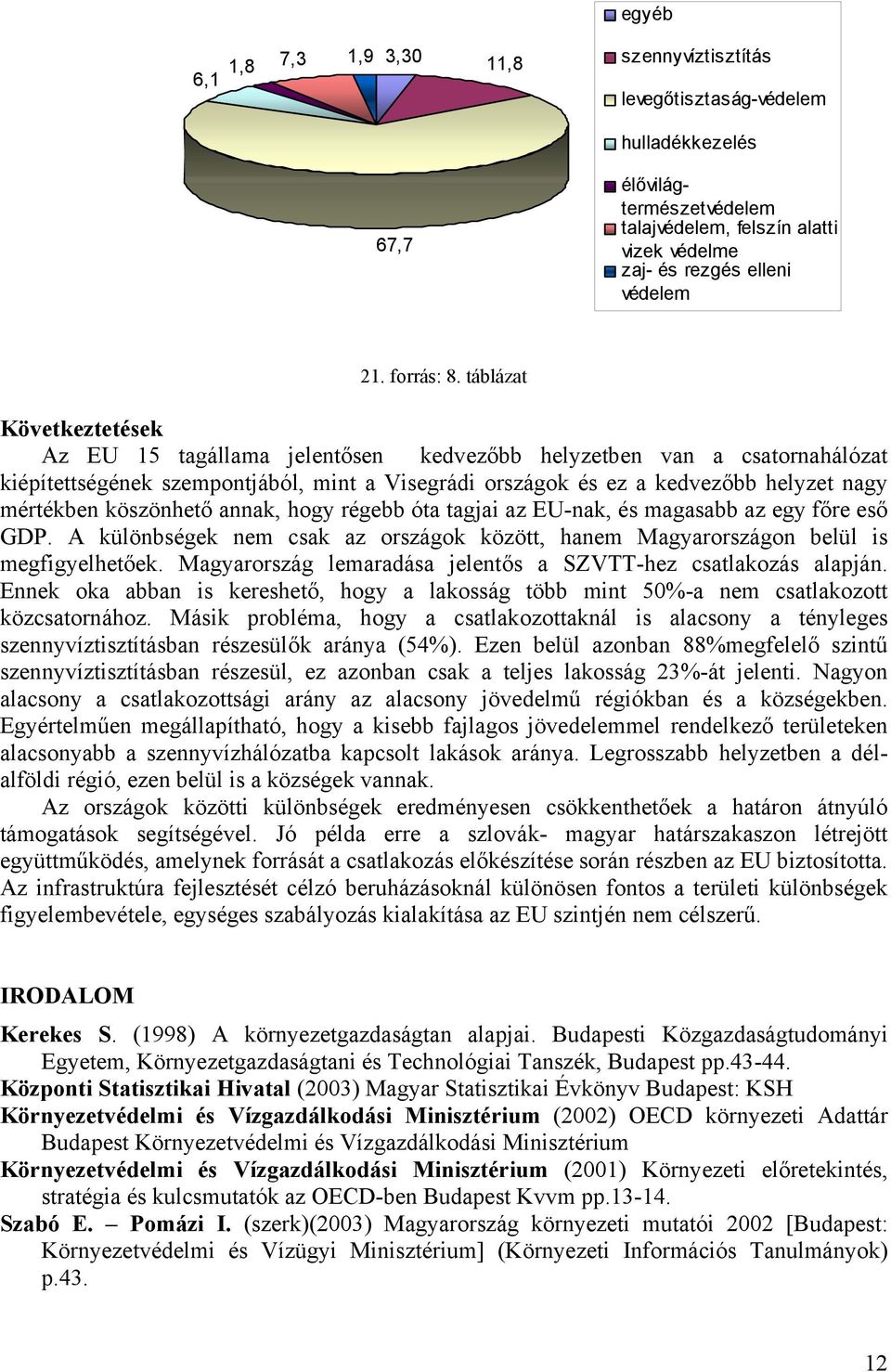 táblázat Következtetések Az EU 15 tagállama jelentősen kedvezőbb helyzetben van a csatornahálózat kiépítettségének szempontjából, mint a Visegrádi országok és ez a kedvezőbb helyzet nagy mértékben