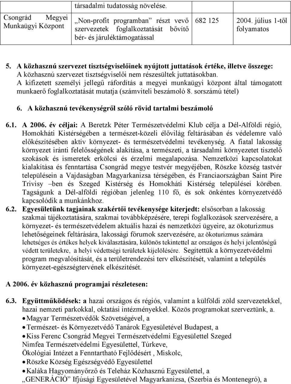 A kifizetett személyi jellegő ráfordítás a megyei munkaügyi központ által támogatott munkaerı foglalkoztatását mutatja (számviteli beszámoló 8. sorszámú tétel) 6.