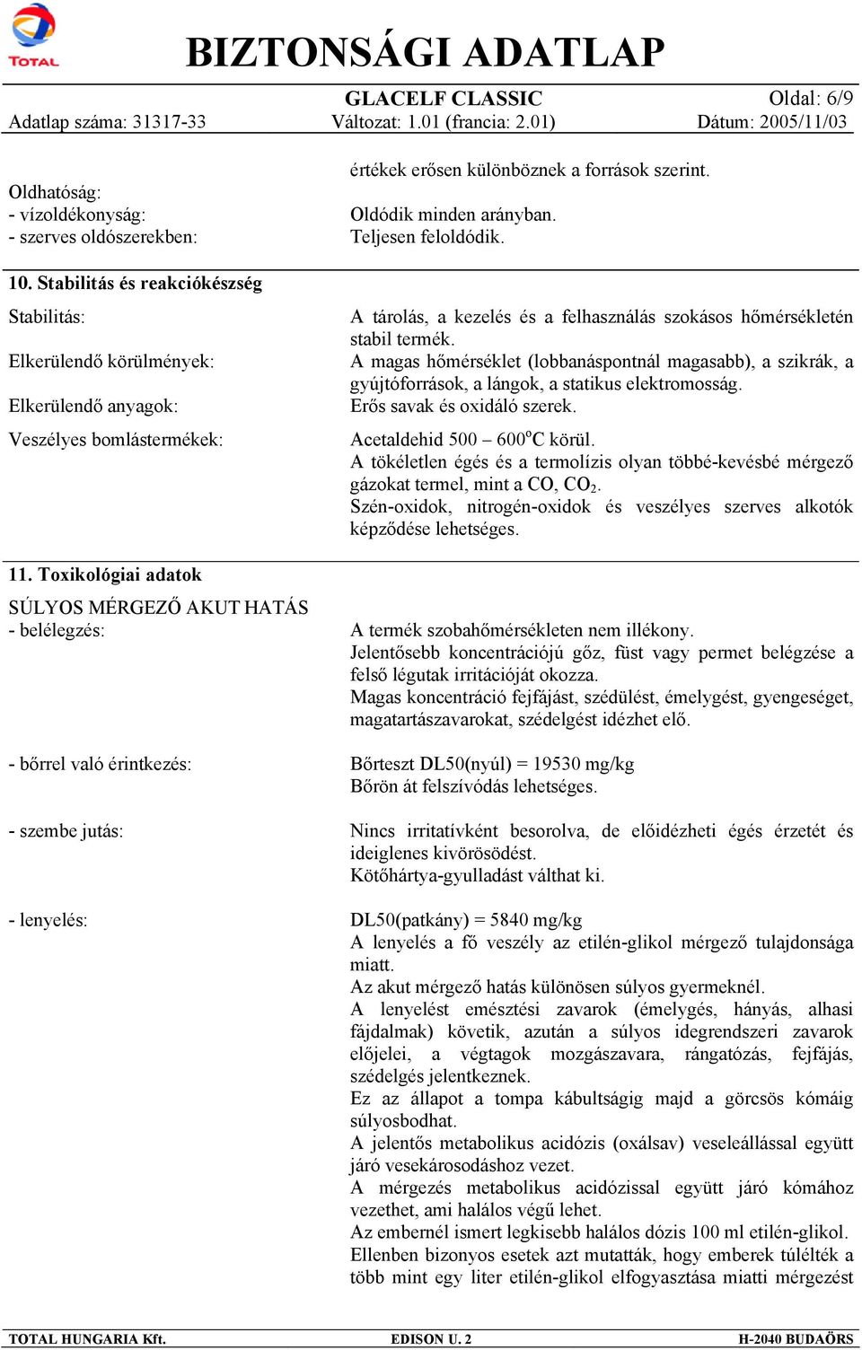 Toxikológiai adatok SÚLYOS MÉRGEZŐ AKUT HATÁS - belélegzés: - bőrrel való érintkezés: - szembe jutás: - lenyelés: értékek erősen különböznek a források szerint. Oldódik minden arányban.