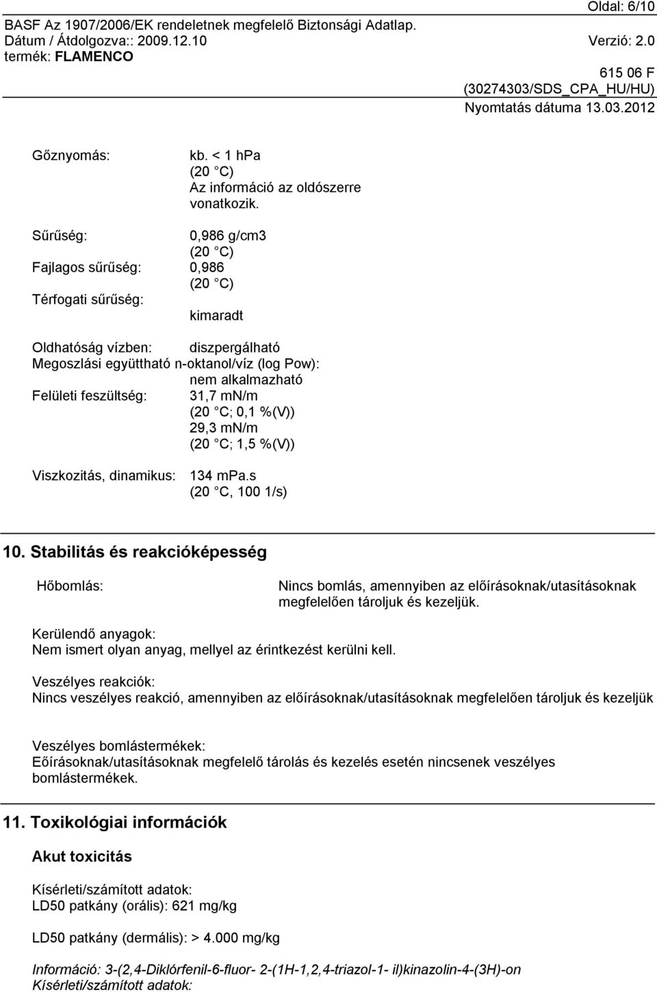 feszültség: 31,7 mn/m (20 C; 0,1 %(V)) 29,3 mn/m (20 C; 1,5 %(V)) Viszkozitás, dinamikus: 134 mpa.s (20 C, 100 1/s) 10.