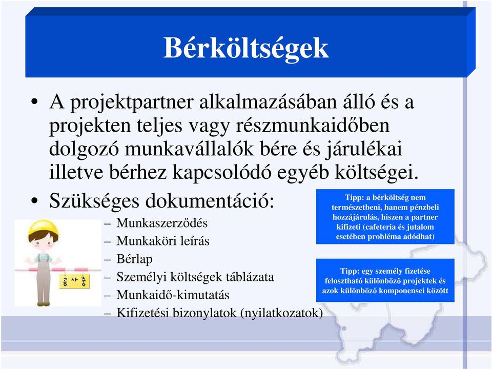 Szükséges dokumentáció: Munkaszerzıdés Munkaköri leírás Bérlap Személyi költségek táblázata Munkaidı-kimutatás Kifizetési bizonylatok