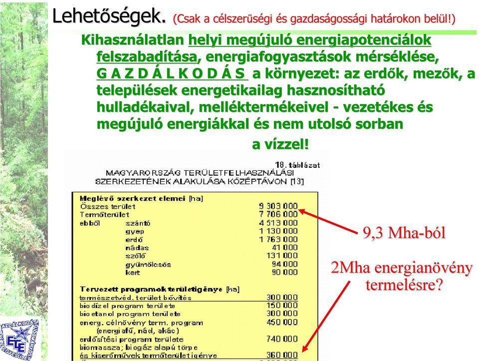 L K O D Á S a környezet: az z erdők, mezők, a települések energetikailag hasznosíthat tható hulladékaival kaival,