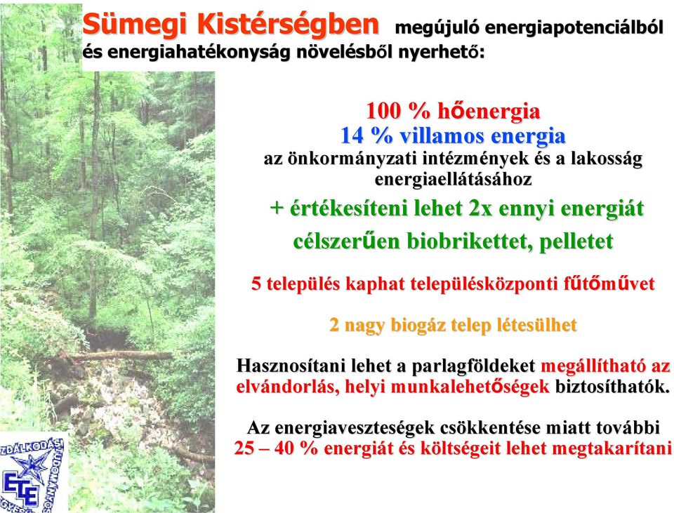 település kaphat településk sközponti fűtőművet 2 nagy biogáz telep létesülhet Hasznosítani lehet a parlagföldeket ldeket megáll llítható az elvándorl
