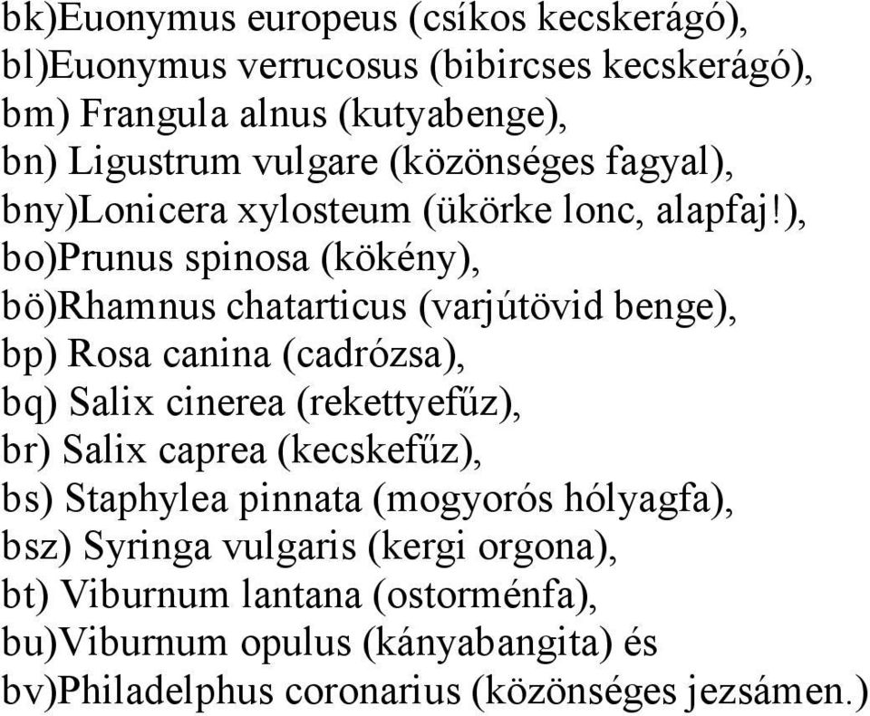 ), bo)prunus spinosa (kökény), bö)rhamnus chatarticus (varjútövid benge), bp) Rosa canina (cadrózsa), bq) Salix cinerea (rekettyefűz), br) Salix