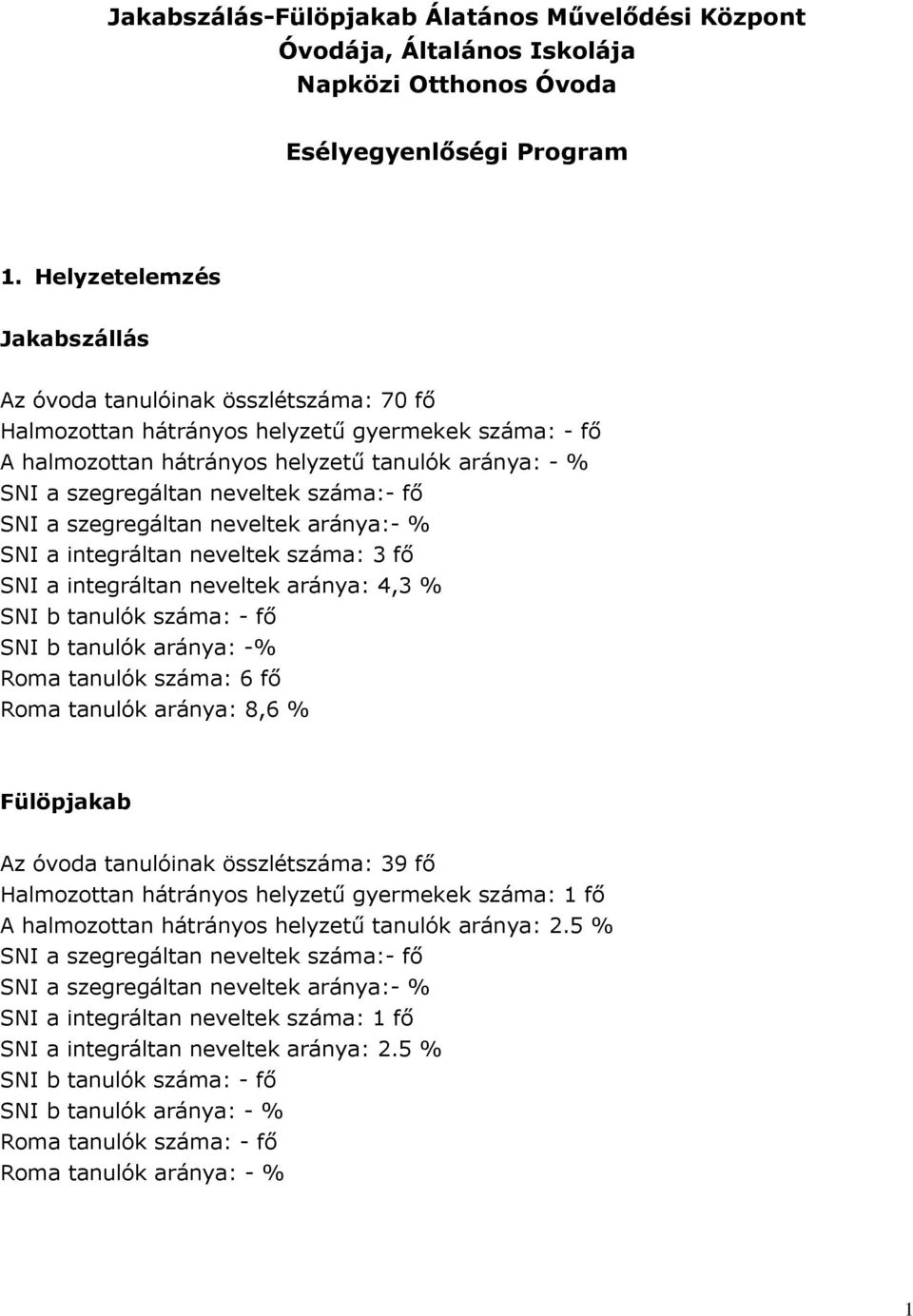 neveltek száma:- fő SNI a szegregáltan neveltek aránya:- % SNI a integráltan neveltek száma: 3 fő SNI a integráltan neveltek aránya: 4,3 % SNI b tanulók száma: - fő SNI b tanulók aránya: -% Roma