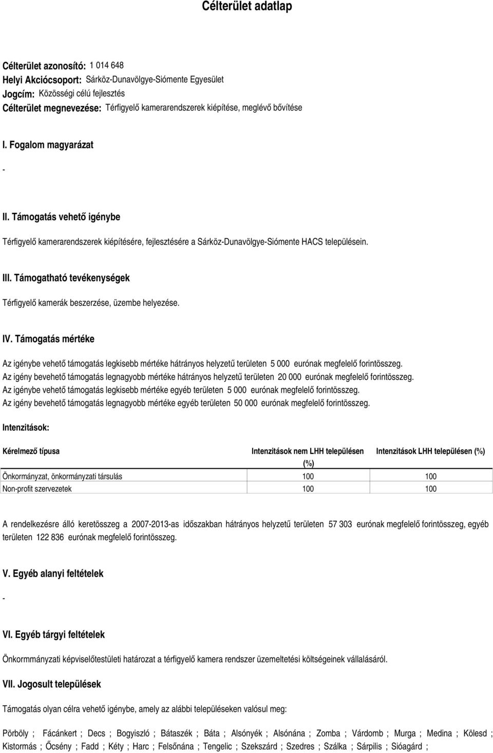 Támogatható tevékenységek Térfigyelő kamerák beszerzése, üzembe helyezése. IV.