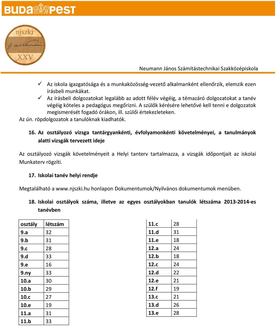 A szülők kérésére lehetővé kell tenni e dolgozatok megismerését fogadó órákon, ill. szülői értekezleteken. Az ún. röpdolgozatok a tanulóknak kiadhatók. 16.