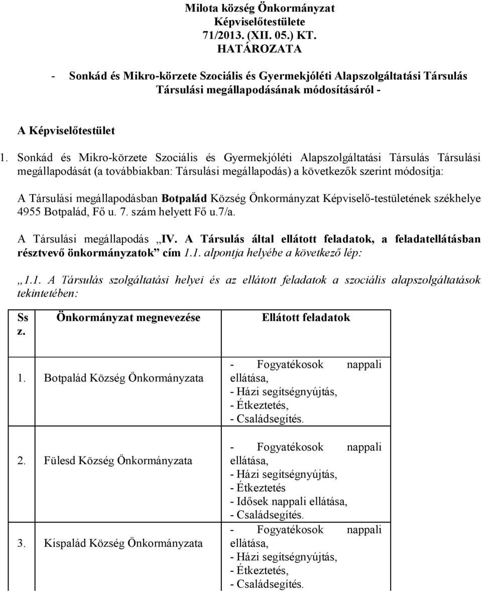 Sonkád és Mikro-körzete Szociális és Gyermekjóléti Alapszolgáltatási Társulás Társulási megállapodását (a továbbiakban: Társulási megállapodás) a következők szerint módosítja: A Társulási