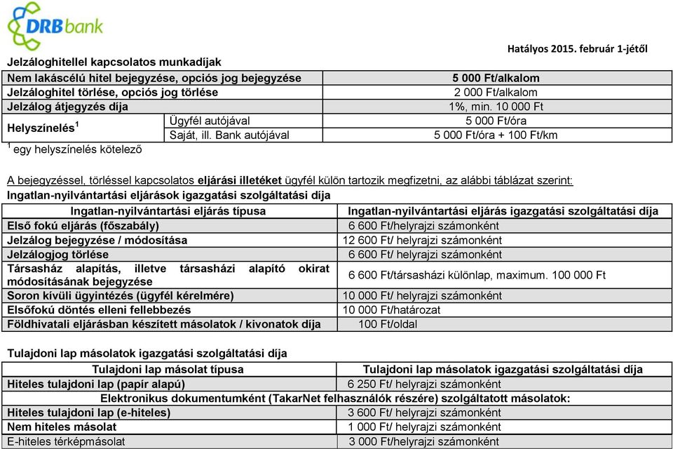 Bank autójával 5 000 Ft/óra + 100 Ft/km 1 egy helyszínelés kötelező A bejegyzéssel, törléssel kapcsolatos eljárási illetéket ügyfél külön tartozik megfizetni, az alábbi táblázat szerint: