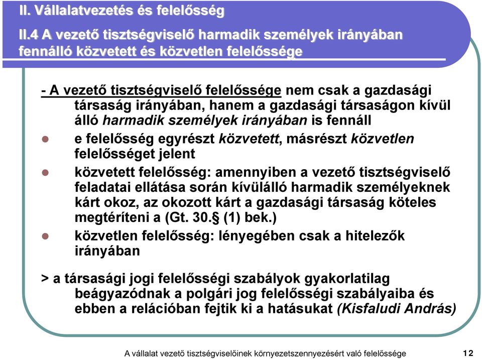 társaságon kívül álló harmadik személyek irányában is fennáll e felelősség egyrészt közvetett, másrészt közvetlen felelősséget jelent közvetett felelősség: amennyiben a vezető tisztségviselő