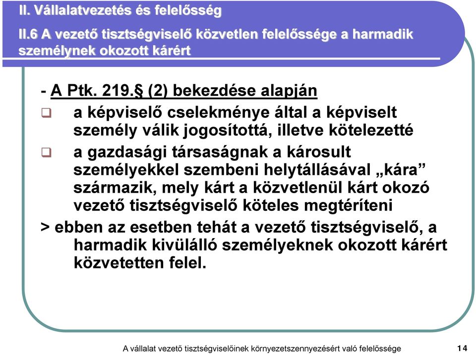 személyekkel szembeni helytállásával kára származik, mely kárt a közvetlenül kárt okozó vezető tisztségviselő köteles megtéríteni > ebben az esetben
