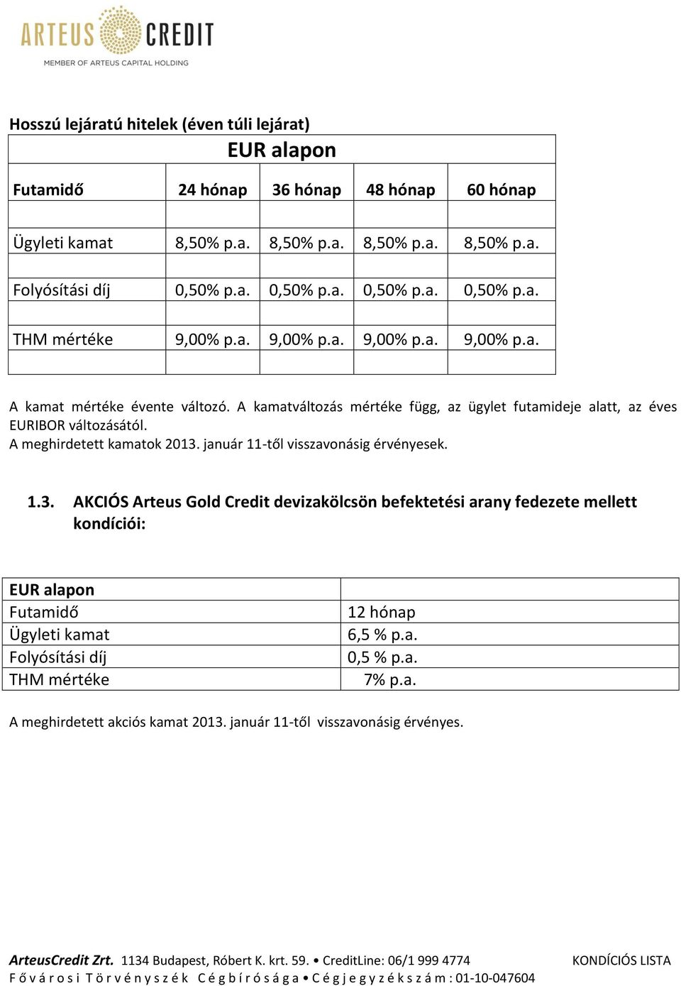 A kamatváltozás mértéke függ, az ügylet futamideje alatt, az éves EURIBOR változásától. A meghirdetett kamatok 2013.