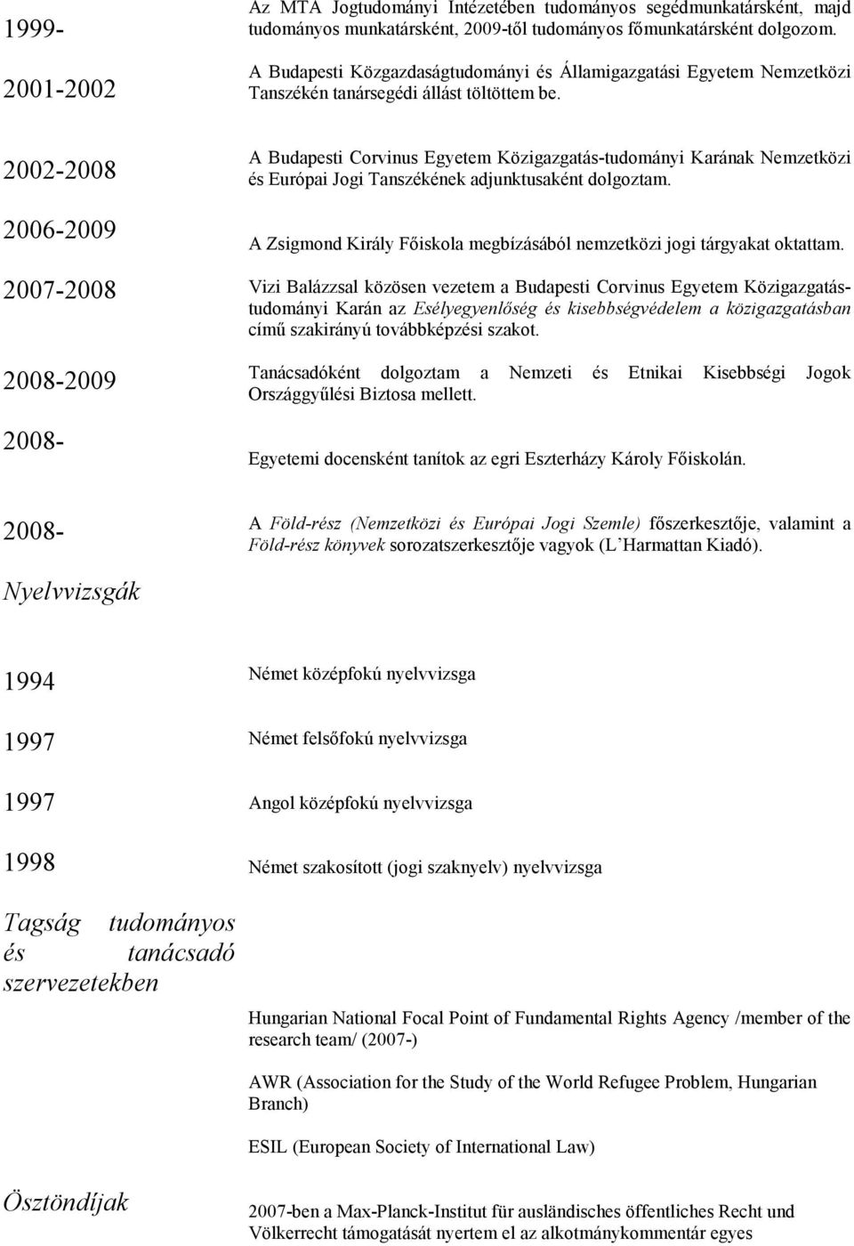 2002-2008 2006-2009 2007-2008 2008-2009 2008- A Budapesti Corvinus Egyetem Közigazgatás-tudományi Karának Nemzetközi és Európai Jogi Tanszékének adjunktusaként dolgoztam.